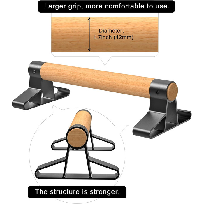 Бруси для віджимань SELEWARE з ергономічною дерев'яною ручкою та надміцною сталлю - Нековзні бруси для віджимань Стійки на руках для силових тренувань та гімнастики (дерево - довжина 40 см)