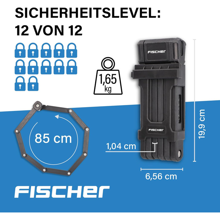 Велозамок складаний FISCHER PROTEC PLUS 85 см, 3 ключі, чорний, м'який матеріал, з пилозахистом