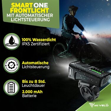 Комплект велосипедних фар MIVELO SMART 100LUX, LED, 2000mAh акумулятор, авто-сенсор, USB зарядка, водонепроникна, StVZO, передня і задня лампа, енергоефективність A+++