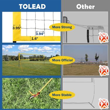 Портативний набір волейбольних сіток TOLEAD для саду, пляжу, з системою проти провисання, регульованими по висоті штангами, волейбольним м'ячем з насосом і сумкою для перенесення