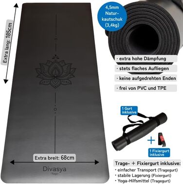 Нековзний килимок для йоги преміум-класу DIVASYA натуральний каучук, що не ковзає, і японська професійна поверхня хвата 185x68x0,45см Ремінь для перенесення Килимок для йоги товщиною 4,5 мм не ковзає Нетоксичний (темний, романтичний, чорний)