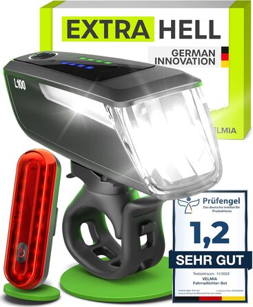 Комплект велосипедних LED-ліхтарів VELMIA з USB-акумулятором, переднє та заднє світло, водонепроникні, до 8,5 годин роботи, StVZO сертифікат