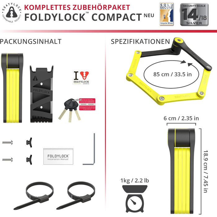 Складаний велосипедний замок FoldyLock Compact з ключем та кріпленням, 85 см – високий рівень безпеки для електровелосипеда, самоката та велосипеда