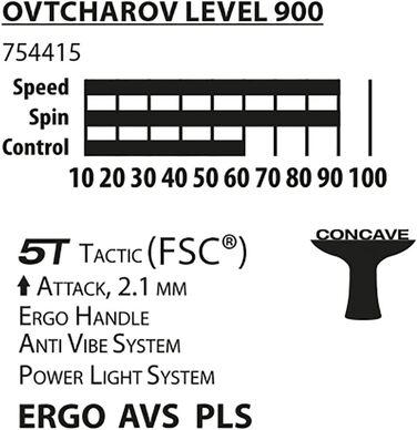 Ракетка для настільного тенісу Donic-Schildkrt Ovtcharov 900 FSC, AVS, PLS & Ergo Grip, губка 2,1 мм, FSC дерево, Spinmax - гума ITTF, 754415 One size