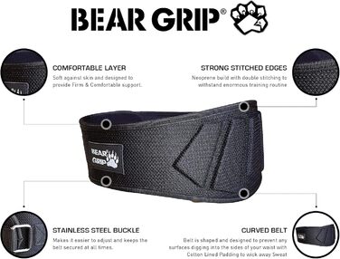 Пояс для важкої атлетики BEAR GRIP, неопрен, вигнутий, підтримка спини, підтримка попереку, фітнес, бодібілдинг, Black XL