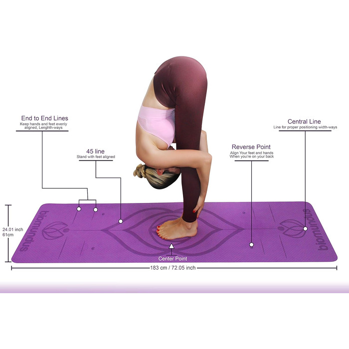 Килимок для йоги biomundus нековзний ремінь для йоги лінії положення тіла кишеньковий протиковзкий спортивний килимок, килимок для пілатесу sport, гімнастичний килимок килимок для йоги, килимок для йоги sport Purple Pack