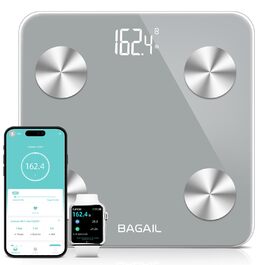 Ваги для ванної кімнати BAGAIL Smart Body Weight, цифрові ваги для ванної кімнати для ІМТ, зважування жиру в організмі, монітор складу тіла, аналізатор здоров'я з додатком для смартфона, 180 кг (S-сірий)