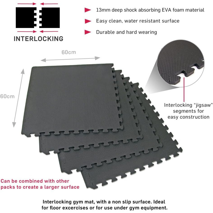 Пазлові EVA мати 66fit для дорослих, 4 шт., 60x60 см, 13 мм, чорні