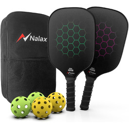 Піклбол ракетки Nalax з фібергласу та графіту, USAPA сертифікат, полімерний сердечник, комплект з 2 ракеток, 4 м'ячів і сумки для чоловіків і жінок