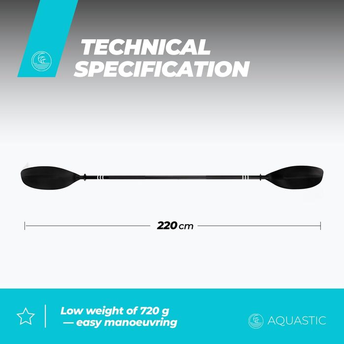 АКВАСТИК Весло для каное 220 см, алюміній, скловолокно, чорний, 2 шт.