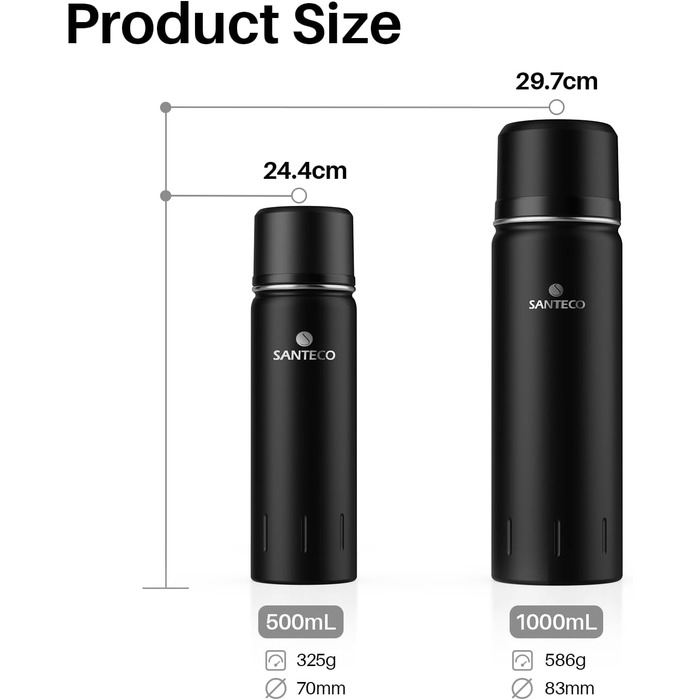 Термос SANTECO 1 л/500 мл, герметичний, без BPA, 24 год. холодний, 12 год. гарячий