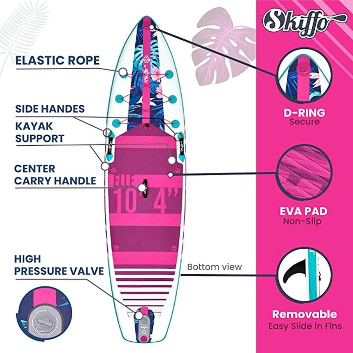 Надувне весло Skiffo Sup Stand Up Elle 10'4 PB-SXX104C Dropstitch Pack Весло, повідець, насос і сумка для транспортування, до 120 кг-236 л-315 x 79 x 13 см, для жінок, рожевий