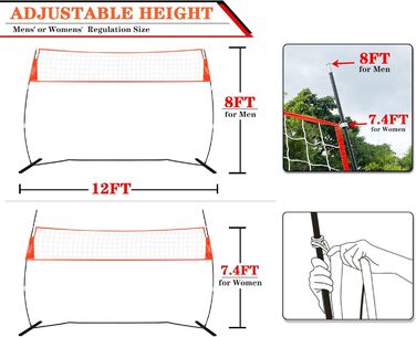 Портативна волейбольна тренувальна сітка 12 футів для ударів або подачі вправ, вільна сітка для тренувань з волейболу на відкритому та внутрішньому повітрі з регулюванням висоти, світіння в темному волейболі та волейбольна тренувальна сітка для перенесенн
