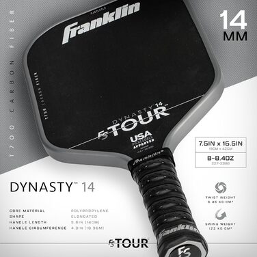 Професійна ракетка для піклболу Franklin Sports FS Tour Series з сирого карбону T700, затверджена USA Pickleball, цільна конструкція з епоксидною смолою, моделі Dynasty і Tempo, товщина 14/16 мм, сірий, синій, рожевий