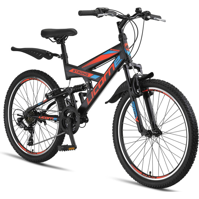 Гірський велосипед Licorne Bike PREMIUM Strong V 24 і 26 дюймів - велосипед для хлопчиків, дівчаток, жінок і чоловіків - 21 швидкісна передача - повна підвіска (чорний/синій/помаранчевий, 24,0 дюйма)