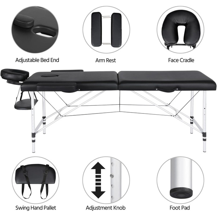 Мобільний масажний стіл Yaheetech 2 зони регульований по висоті масажний стіл Масажне ліжко з алюмінієвими ніжками та сумкою для перенесення, 213*90см