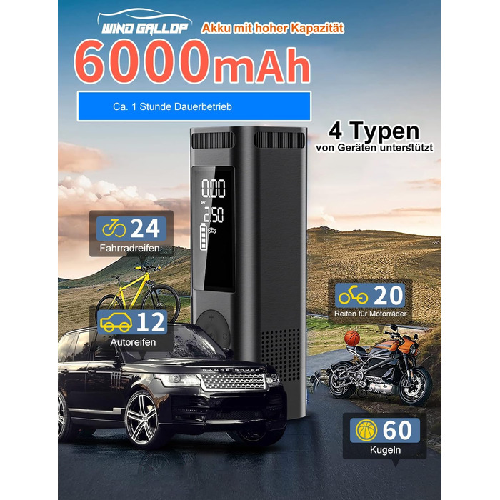 Портативний бездротовий компресор WindGallop 6000 мА·год для авто, велосипедів, мотоциклів, м'ячів з манометром та LED-підсвіткою, акумуляторний, автостоп, чорний