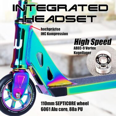 Довгий трюковий скутер Summit Mini High End Profi StuntScooter, 6061 T6 Alu, ABEC 9 кулькових підшипників, колеса 110 мм з Alu Core, кікскутер, Funскутер, Скутер, Trick Scooter (Summit Mini full neo chrome)