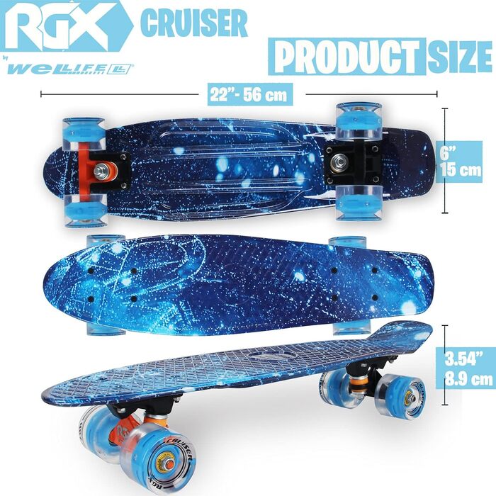 Скейтборд Mini Cruiser Series RGX Skate 22 дюйми 56см для дітей Підлітки Дорослий скейтборд з колесами, що світяться, PU 78A Cruiser з кольоровими вогнями Flash Світлодіодний кульковий підшипник ABEC-7