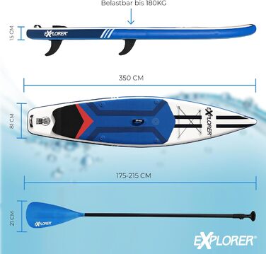 Дошка для веслування EXPLORER SUP Fusion Stand Up до 180 кг Повний комплект з алюмінієвим веслом, рюкзаком, насосом, плавником і набором патчів. (ВІНДСЕРФ-ТУРЕР 11.6)