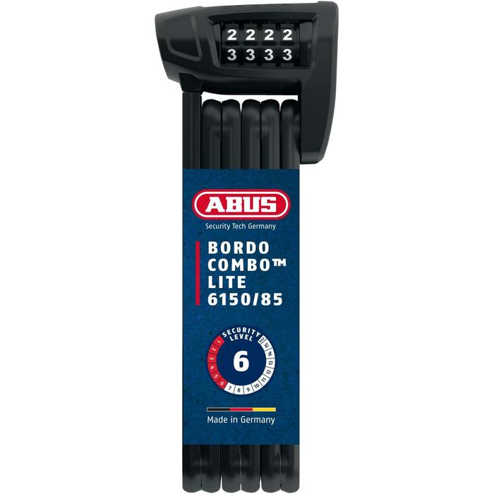 Велозамок складаний ABUS Bordo Combo Lite 6150/85, кодовий, 85 см, чорний, легкий, рівень безпеки 6, сталь, з чохлом