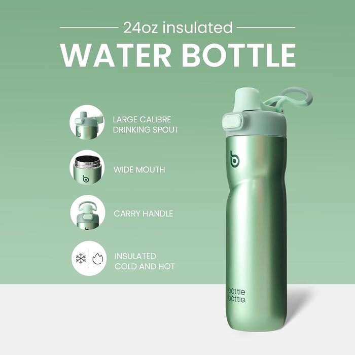 Термобутилка для води BOTTLE BOTTLE 680 мл із ручкою, зелена, ізоляційна, з клапаном, для спорту, велоспорту, подорожей, не протікає