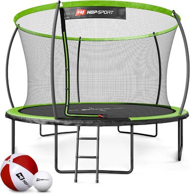 Батут Hop-Sport Outdoor Ø 305/366/427/488 см - Батут з інноваційними вигнутими сітчастими штангами, сертифікатами безпеки та сіткою безпеки (366 см, Зелений/Чорний)