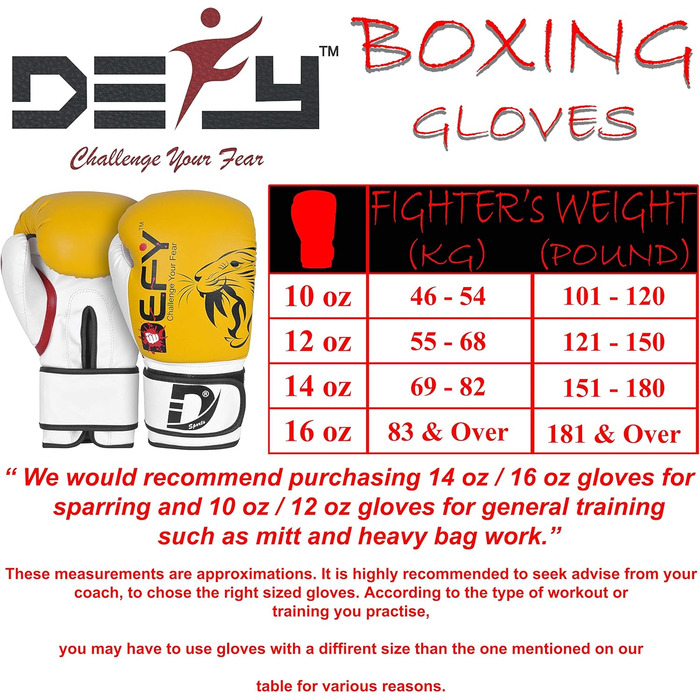 Боксерські рукавички DEFY Tiger 16oz для чоловіків та жінок, жовті, преміум-якість, для боксу, ММА, муай-тай, кікбоксингу, тренувань та спарингу