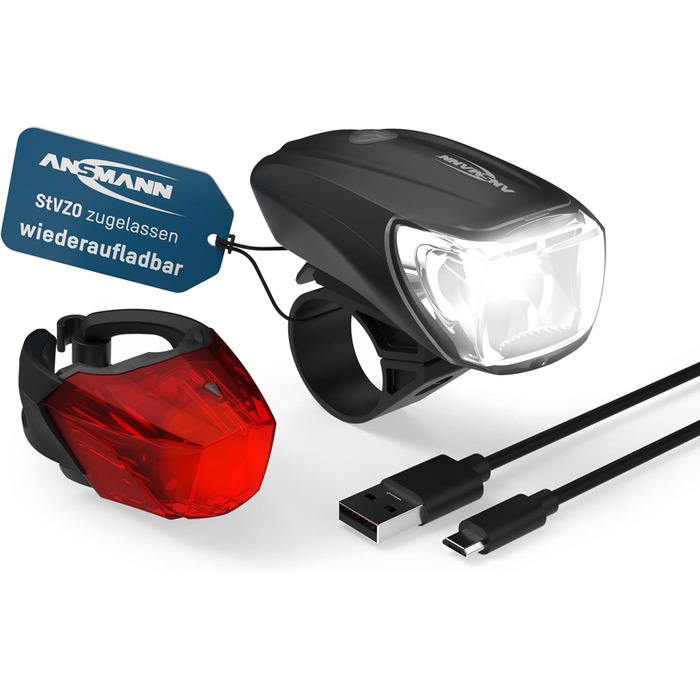 Велосипедний світловий комплект ANSMANN StVZO, CREE LED, 140 м, 35 Люкс, 170 Лм, IPX4, акумуляторний, USB, переднє та заднє світло