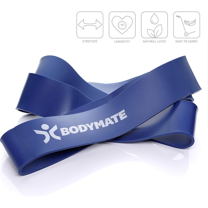 Фітнес-гумка BODYMATE 208 см, еластична стрічка опору з натурального латексу, тренує силу, витривалість, координацію, гнучкість і багато іншого, для початківців і професіоналів 5. X-STRONG-BLUE 6,2 см (опір 28-80 КГ)