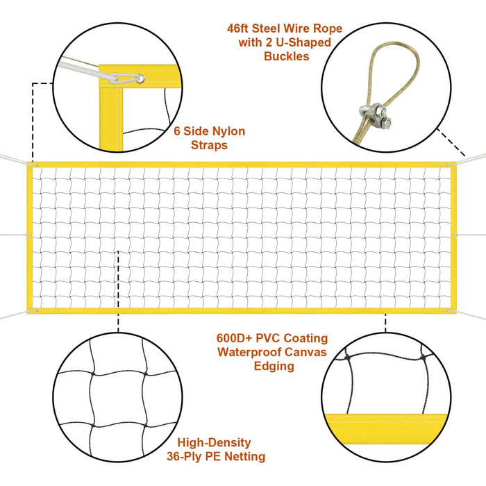 Професійна відкрита волейбольна сітка, міцна волейбольна сітка для пляжу, 9,5x1 м, портативна волейбольна сітка для заднього двору, басейну, шкільного двору та приміщення зі сталевим дротом