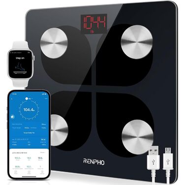 RENPHO Bluetooth ваги з жиром і м'язовою масою, ІМТ, вага, м'язова маса, вода, білок, скелетні м'язи, вага кісток, BMR (USB чорний) - 75 символів