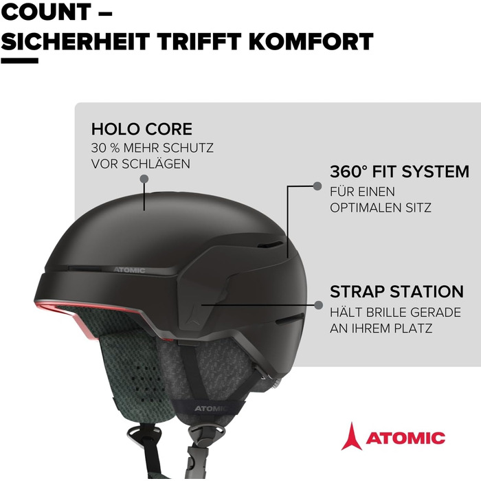 Гірськолижний шолом ATOMIC Count - Шолом для максимальної безпеки - Гірськолижні шоломи зі зручною системою 360 Fit - Шолом для сноуборду з функціональною підкладкою Black 59-63