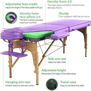 Масажний стіл Luxton Home Premium Foam, складаний, регульований, 183x68 см, з аксесуарами та сумкою для перенесення – для дому, салону, спа, татуювання