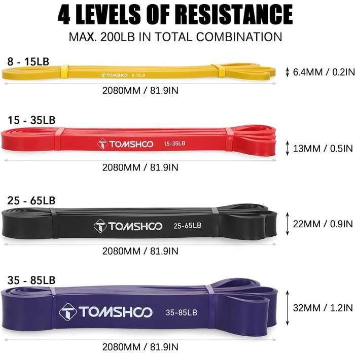 Набір стрічок опору TOMSHOO, 4/5 шт. Стрічки опору з мішком для зберігання, ручкою, дверним якорем, фітнес-гумками з кількома рівнями опору Стрічки для тренувань для силових тренувань, підтягувань, більше 4 предметів