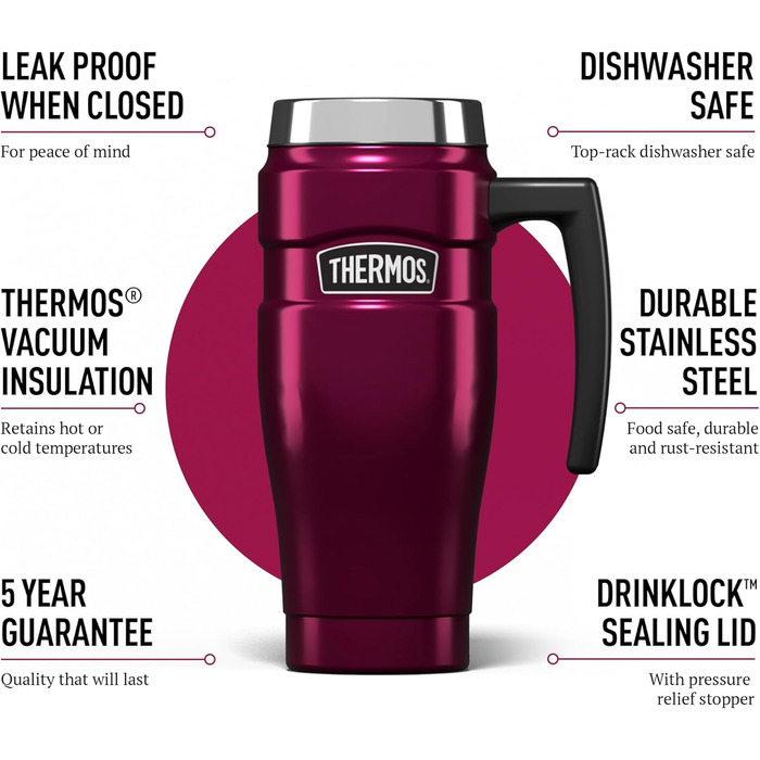 Термокружка Thermos GTB Stainless King 470 мл, малинова, нержавіюча сталь, для подорожей