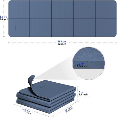 Складний килимок для йоги для подорожей, складаний килимок для йоги, товщиною 6 мм, з сумкою для перенесення, нековзний килимок для вправ TPE для вправ 183 см Д x 61 см Ш синій
