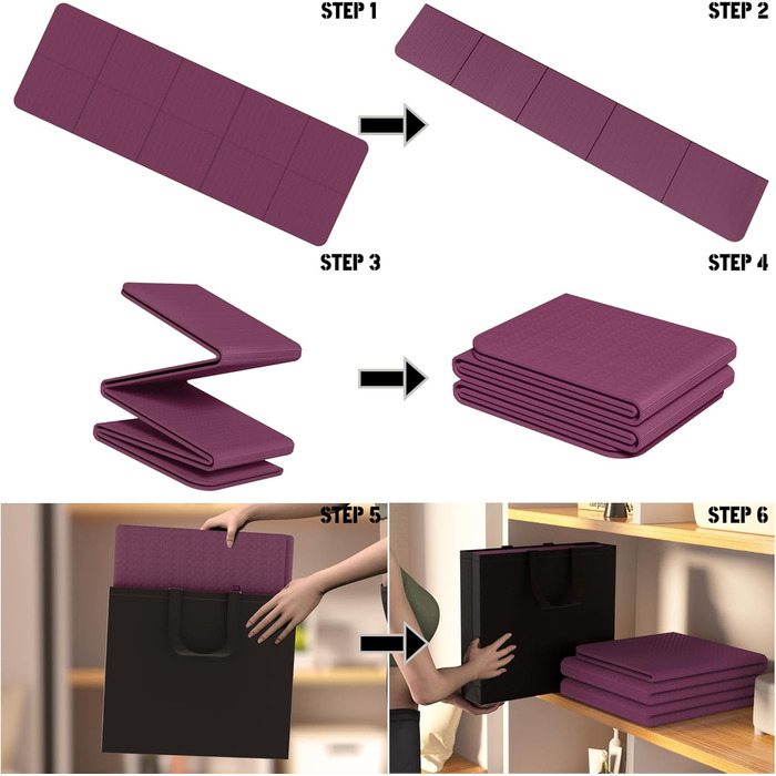 Складний килимок для йоги для подорожей, складаний килимок для йоги, товщиною 6 мм, з сумкою для перенесення, нековзний килимок для вправ TPE для вправ 183 см Д x 61 см Ш (винно-червоний)