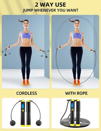 Скакалка, швидкісна скакалка для фітнесу, скакалка з обтяженнями з лічильником калорій, покращені ручки для ковзання чіпів і TPE для вправ, тренувань, боксу, скакалка для фітнесу жінок, чоловіків і дітей (жовтий)