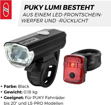 Світлодіодний комплект фар і заднього ліхтаря PUKY LUMI для велосипеда 20'', USB-зарядка, StVZO, легке встановлення, бічна видимість