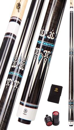 Професійний більярдний кий Collapsar CXT 58'' без намотки, чорний з кремовими вставками та бірюзовим декором, у м'якому чохлі