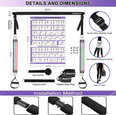 Штанга для пілатесу з ручками, анкерами, ременями та набором для фітнесу