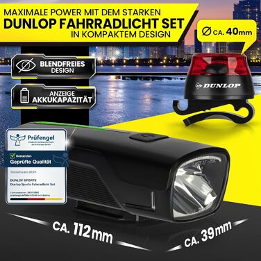 Комплект велосипедних ліхтарів Dunlop Sports — надяскравий LED з акумулятором, передня OSRAM лампа і заднє світло, StVZO, чорний