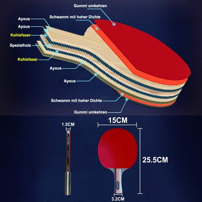 Професійний набір настільного тенісу JIUYUAN, 2 5-зіркові ракетки для настільного тенісу та 4 м'ячі преміум-класу 3-зіркового настільного тенісу та 1 сумка ідеально підходить для початківців, любителів, професіоналів та початківців
