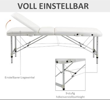 Масажні столи HOMCOM Складні косметичні столики Регульований по висоті масажний стіл з підголівником Масажне ліжко Алюмінієва піна Пластик Білий 215 х 60 х 61-84 см
