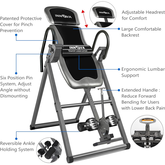 Інверсійний стіл Innova з підголівником і тримачами, вантаж 136 кг