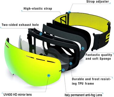 Лижні окуляри SPOSUNE OTG Окуляри для снігу для сноуборду поверх окулярів із сферичною подвійною змінною лінзою проти запотівання для чоловіків Жінки Молодіжні лижі Снігоходи Окуляри та шолом сумісні, захист UV400 (золотистий)