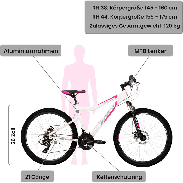 Гірський велосипед Galano GX-26 для підлітків та дорослих від 145 см Велосипед Hardtail 26 дюймів з амортизаційною вилкою 21 передача білий/рожевий 38см