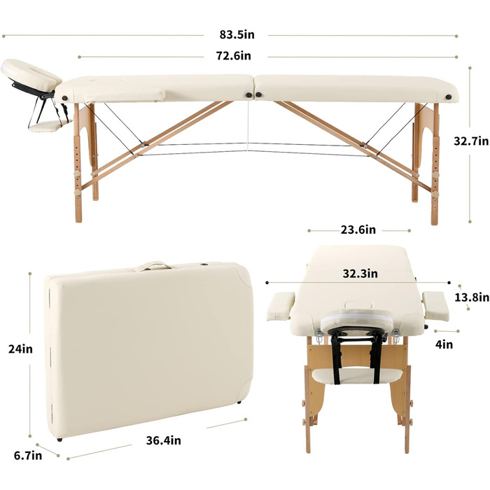 Масажний стіл Panana 2 зони Мобільний масажний стіл Складне розтяжне масажне ліжко з регульованим по висоті дерев'яним масажним ліжком з підголівником і підлокітниками та сумкою 213 82 x 81 см (бежевий)