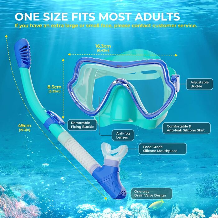 Маска для дайвінгу Taucherbrie Dry Snorkel with Breath Easy Airfow Tech & Anti-Fog Design для чоловіків і жінок (поставляється з додатковим мундштуком) (Синьо-Зелений, L), 2RISE SN02 Snorkel Set Adult -